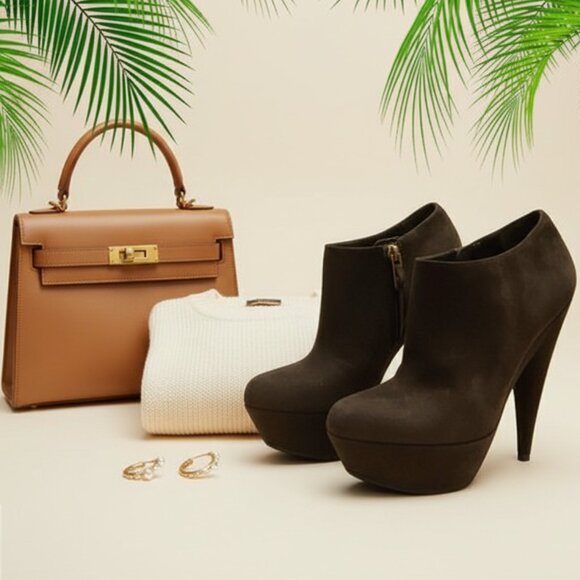 Yves Saint Laurent YSL Suede Platform Ankle Boots - Picture 1 of 7